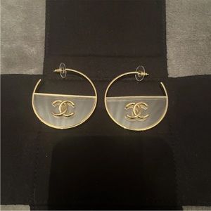 Chanel gold tone hoop earrings. Metal and clear plastic. No box